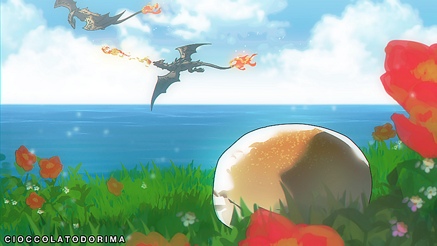 artist_name bread_bun breath_weapon breathing_fire cioccolatodorima cloud cloudy_sky commentary dragon english_commentary fire flower food_focus grass no_humans original red_flower sky water white_flower