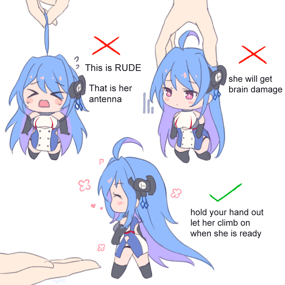 &gt;_&lt; 1girl ahoge azur_lane blue_hair blush_stickers breasts chibi clothing_cutout colored_inner_hair commentary english_commentary english_text heart helena_(azur_lane) how_to_hold_x_(meme) kyl490 medium_breasts meme mini_person minigirl multicolored_hair multiple_views purple_eyes purple_hair solo_focus two-tone_hair underboob_cutout