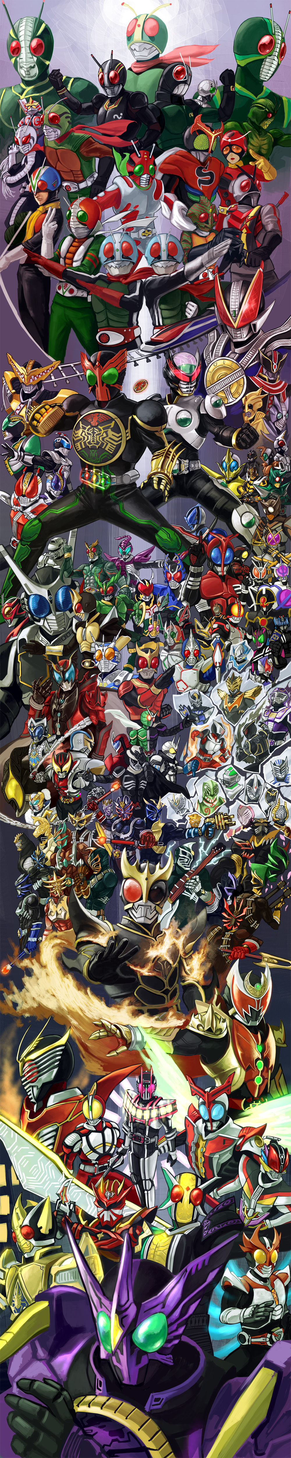 1girl 6+boys absolutely_everyone absurdres alternative_zero another_agito antennae belt broken_glass cape card clenched_hand clenched_hands compound_eyes drumsticks electro_wave_human_tackle epic everyone fedora fire gangan_g glass goldra guitar gun hat highres instrument k_tsukumo kamen_rider kamen_rider_(1st_series) kamen_rider_1 kamen_rider_2 kamen_rider_555 kamen_rider_abyss kamen_rider_accel kamen_rider_agito kamen_rider_agito_(series) kamen_rider_amaki kamen_rider_amazon kamen_rider_amazon_(series) kamen_rider_arc kamen_rider_birth kamen_rider_black kamen_rider_black_(series) kamen_rider_black_rx kamen_rider_black_rx_(series) kamen_rider_blade kamen_rider_blade_(series) kamen_rider_caucasus kamen_rider_chalice kamen_rider_dark_kabuto kamen_rider_dark_kiva kamen_rider_dcd kamen_rider_decade kamen_rider_delta kamen_rider_den-o kamen_rider_den-o_(series) kamen_rider_diend kamen_rider_double kamen_rider_drake kamen_rider_eiki kamen_rider_eternal kamen_rider_faiz kamen_rider_femme kamen_rider_g kamen_rider_g3 kamen_rider_g4 kamen_rider_g_den-o kamen_rider_gai kamen_rider_gaoh kamen_rider_garren kamen_rider_gatack kamen_rider_gills kamen_rider_glaive kamen_rider_gouki kamen_rider_hercus kamen_rider_hibiki kamen_rider_hibiki_(series) kamen_rider_ibuki kamen_rider_imperer kamen_rider_ixa kamen_rider_j kamen_rider_kabuki kamen_rider_kabuto kamen_rider_kabuto_(series) kamen_rider_kaixa kamen_rider_ketaros kamen_rider_kick_hopper kamen_rider_kiva kamen_rider_kiva_(series) kamen_rider_kivala kamen_rider_knight kamen_rider_kuuga kamen_rider_kuuga_(series) kamen_rider_kuuga_(ultimate_form) kamen_rider_lance kamen_rider_larc kamen_rider_leangle kamen_rider_nega_den-o kamen_rider_new_den-o kamen_rider_odin kamen_rider_ooo kamen_rider_ooo_(series) kamen_rider_orga kamen_rider_ouja kamen_rider_psyga kamen_rider_punch_hopper kamen_rider_raia kamen_rider_rey kamen_rider_ryuga kamen_rider_ryuki kamen_rider_ryuki_(series) kamen_rider_sabaki kamen_rider_saga kamen_rider_sasword kamen_rider_scissors kamen_rider_shin kamen_rider_skull kamen_rider_stronger kamen_rider_stronger_(series) kamen_rider_super-1 kamen_rider_super-1_(series) kamen_rider_thebee kamen_rider_tiger kamen_rider_todoroki kamen_rider_touki kamen_rider_v3 kamen_rider_verde kamen_rider_w kamen_rider_x kamen_rider_x_(series) kamen_rider_zanki kamen_rider_zeronos kamen_rider_zo kamen_rider_zolda kamen_rider_zx long_image multiple_boys new_kamen_rider o_medal putotyra_(ooo_combo) railroad_tracks riderman scarf shadow_moon shin_kamen_rider_prologue silvra skyrider sword tall_image train weapon yanagi_ryuuta