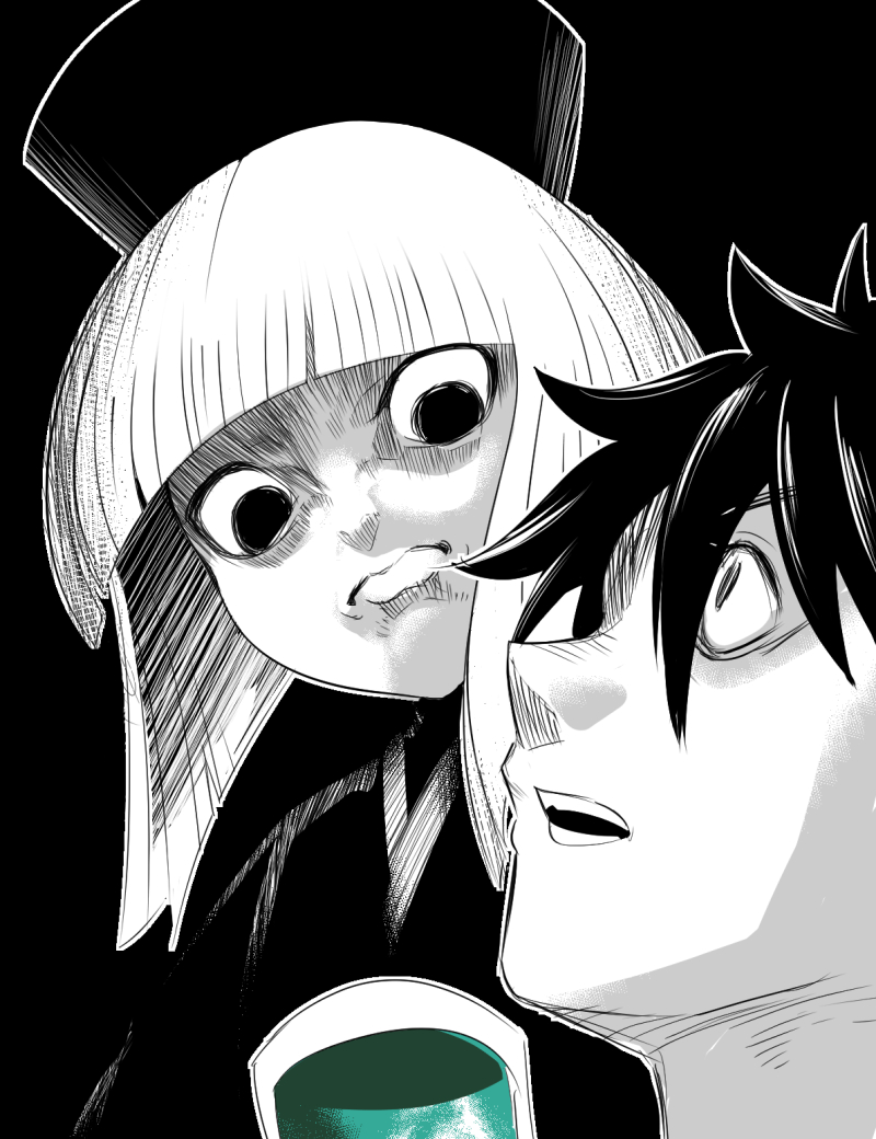 1boy 1girl angry black_background black_hair blunt_bangs closed_mouth cup fate/grand_order fate_(series) fujimaru_ritsuka_(male) hat japanese_clothes kimono looking_at_another looking_down looking_up meme monochrome open_mouth parody scared sen_no_rikyu_(fate) sen_no_rikyu_(second_ascension)_(fate) shingeki_no_kyojin white_hair yakuoyoso