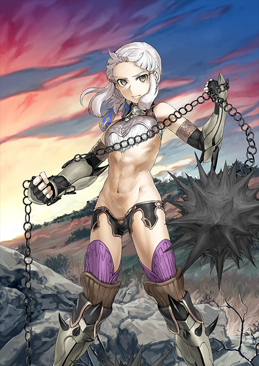 1girl armored_boots armored_gloves ball_and_chain_(weapon) bare_shoulders black_collar black_gloves black_shorts blue_ribbon blunt_bangs boobplate boots breastplate breasts brown_eyes chain clenched_hands closed_mouth collar crop_top elbow_gloves expressionless fate/grand_order fate_(series) feet_out_of_frame fingerless_gloves fur_shirt gloves groin hair_ribbon hair_tie holding holding_chain holding_weapon legs_apart looking_at_viewer medium_breasts micro_shorts navel official_art penthesilea_(fate) purple_thighhighs ribbon shinjirou short_hair shorts sidelocks sleeveless solo spiked_ball_and_chain spiked_boots spiked_gauntlets spikes standing stomach thighhighs third-party_source variant_set weapon white_hair wing_collar