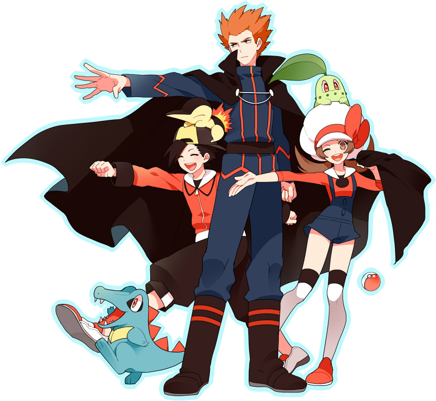 00s 1girl 2boys ^_^ backwards_hat baseball_cap black_hair brown_hair newsboy_cap cape chikorita closed_eyes cyndaquil ethan_(pokemon) gen_2_pokemon gum_(gmng) gumidemo_kandero hat headband jacket lance_(pokemon) lyra_(pokemon) multiple_boys nintendo one_eye_closed outstretched_arm overalls poke_ball pokemon pokemon_(creature) pokemon_hgss red_hair shorts starter_pokemon_trio thighhighs totodile wink