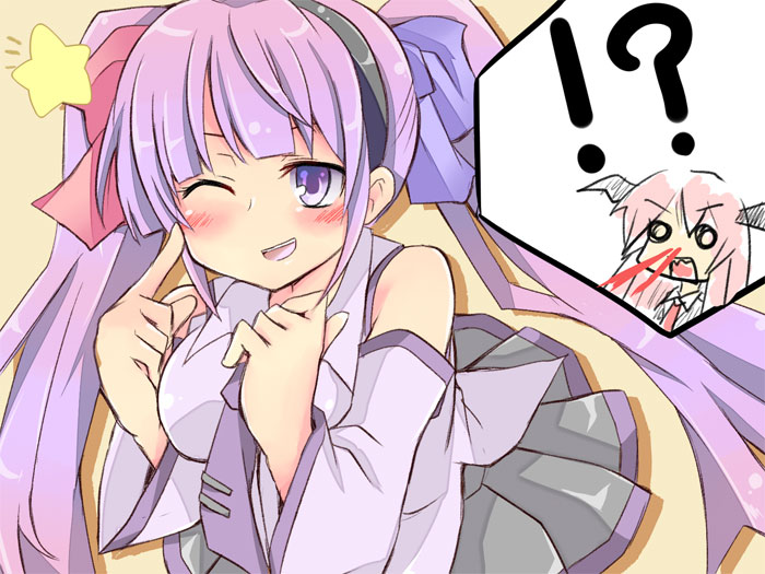 !? 1girl :d altorealize bat_wings blood chibi chibi_inset cosplay excessive_nosebleed female_focus hatsune_miku hatsune_miku_(cosplay) head_wings koakuma nosebleed o_o one_eye_closed open_mouth patchouli_knowledge purple_eyes purple_hair red_hair smile solo star_(symbol) embodiment_of_scarlet_devil touhou vocaloid wings