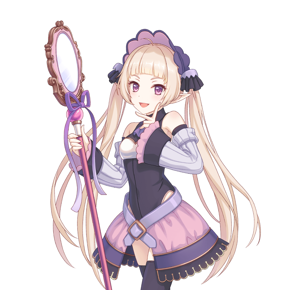 1boy bare_shoulders blonde_hair breasts detached_sleeves dress elf finger_on_cheek hand_on_own_cheek hand_on_own_face headdress long_hair looking_at_viewer mage_staff male_focus mirror official_art one-piece_dress open_mouth pointy_ears princess_connect! purple_eyes ribbon salute sidelocks small_breasts smile staff thighhighs trap twintails two-finger_salute v very_long_hair yuki_(princess_connect!) zettai_ryouiki