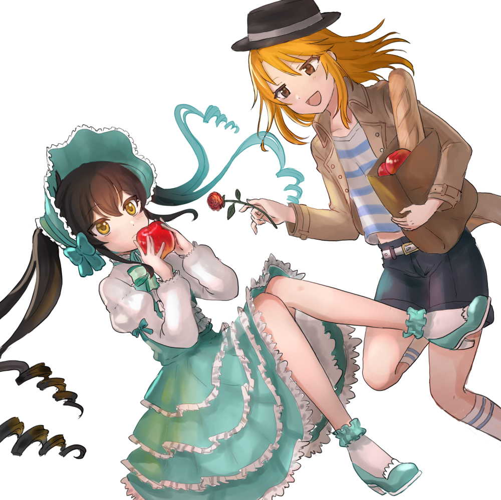 2girls ahoge alternate_eye_color am_(ajamuw) apple aqua_bow aqua_bowtie aqua_dress aqua_headwear aqua_ribbon aqua_shoes bag baguette belt black_hair black_headwear black_shorts boater_hat bonnet bow bowtie bread brown_eyes brown_jacket buttons child collarbone collared_jacket commentary_request dot_nose dress drill_hair flower food frilled_bonnet frilled_dress frilled_sleeves frills fruit hair_between_eyes hands_up hat high_heels holding holding_bag holding_flower holding_food holding_fruit idol idol_clothes idolmaster idolmaster_cinderella_girls jacket juliet_sleeves layered_dress light_blush long_hair long_sleeves matoba_risa midriff_peek multicolored_clothes multicolored_shirt multiple_girls official_alternate_costume official_alternate_hairstyle open_clothes open_jacket open_mouth orange_hair paper_bag puffy_sleeves quad_drills quad_tails red_flower red_rose ribbon rose shirt shoes shorts sidelocks simple_background smile socks straight_hair striped_clothes striped_shirt striped_socks swept_bangs tongue white_background white_belt white_socks yellow_eyes yuuki_haru