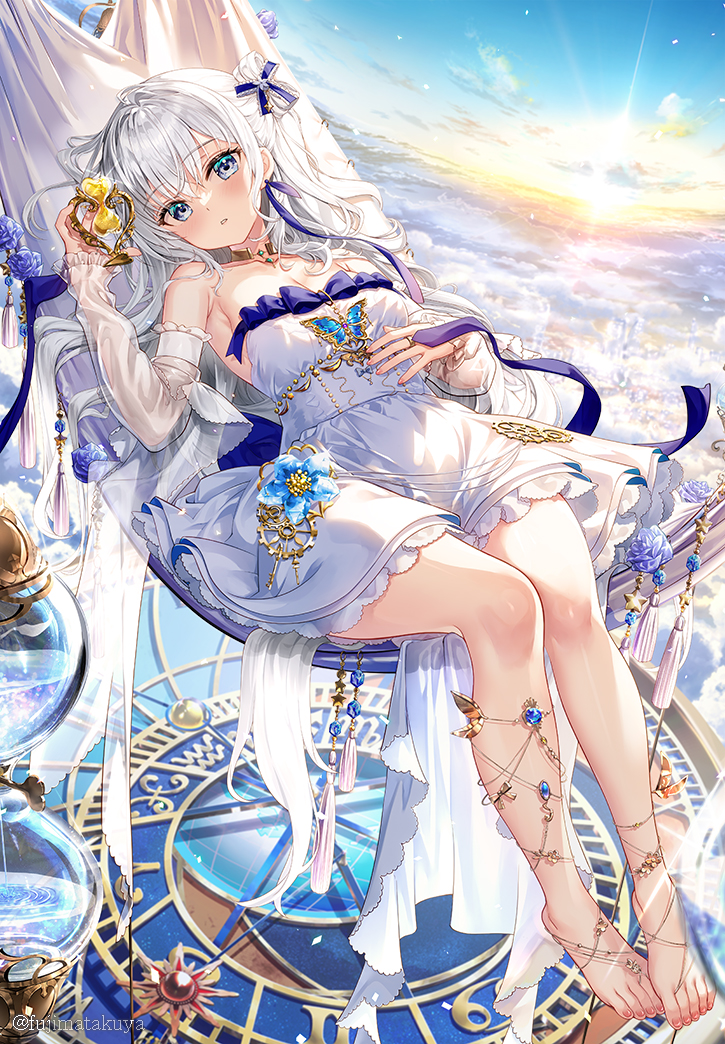 1girl aquarius_(symbol) aries_(symbol) bare_shoulders blue_bow blue_eyes blue_flower blue_sky bow breasts bug butterfly cleavage cloud commentary_request day detached_sleeves dress flower frilled_sleeves frills fujima_takuya gemini_(symbol) grey_hair hair_between_eyes hammock insect leo_(symbol) long_sleeves looking_at_viewer original outdoors parted_lips pisces_(symbol) puffy_long_sleeves puffy_sleeves sagittarius_(symbol) see-through_clothes see-through_sleeves sky sleeves_past_wrists small_breasts solo strapless strapless_dress sunset taurus_(symbol) virgo_(symbol) white_dress