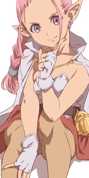 1boy aonori_misuji braid breasts cape chrono_trigger closed_mouth earrings fingerless_gloves flea_(chrono_trigger) gloves jewelry long_hair looking_at_viewer male_focus male_with_breasts pink_hair pointy_ears purple_eyes simple_background single_braid skirt small_breasts smile solo trap white_background