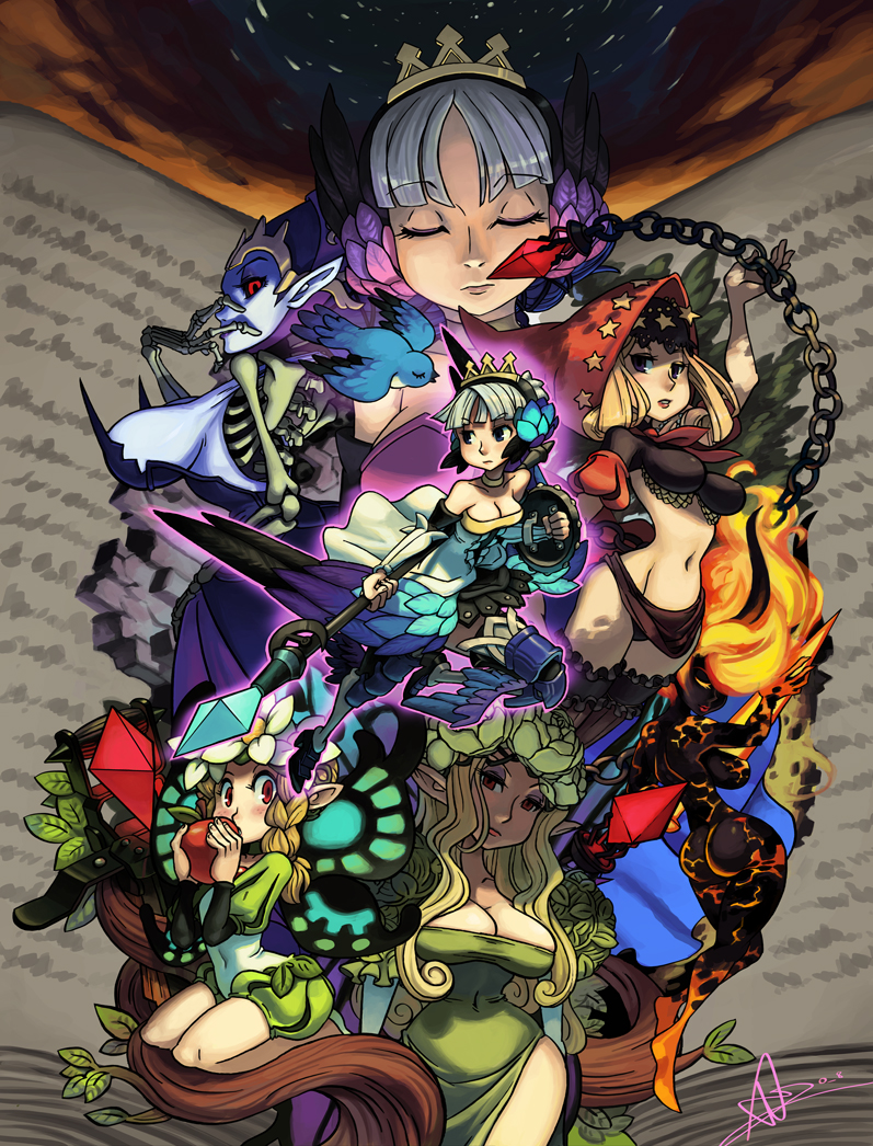 6+girls alex_ahad apple bird branch dress elfaria flaming_hair food fruit griselda gwendolyn_(odin_sphere) hood mercedes_(odin_sphere) midriff monster_girl multiple_girls navel odette_(odin_sphere) odin_sphere pteruges puff_and_slash_sleeves puffy_shorts puffy_sleeves shorts vulcan_(odin_sphere)