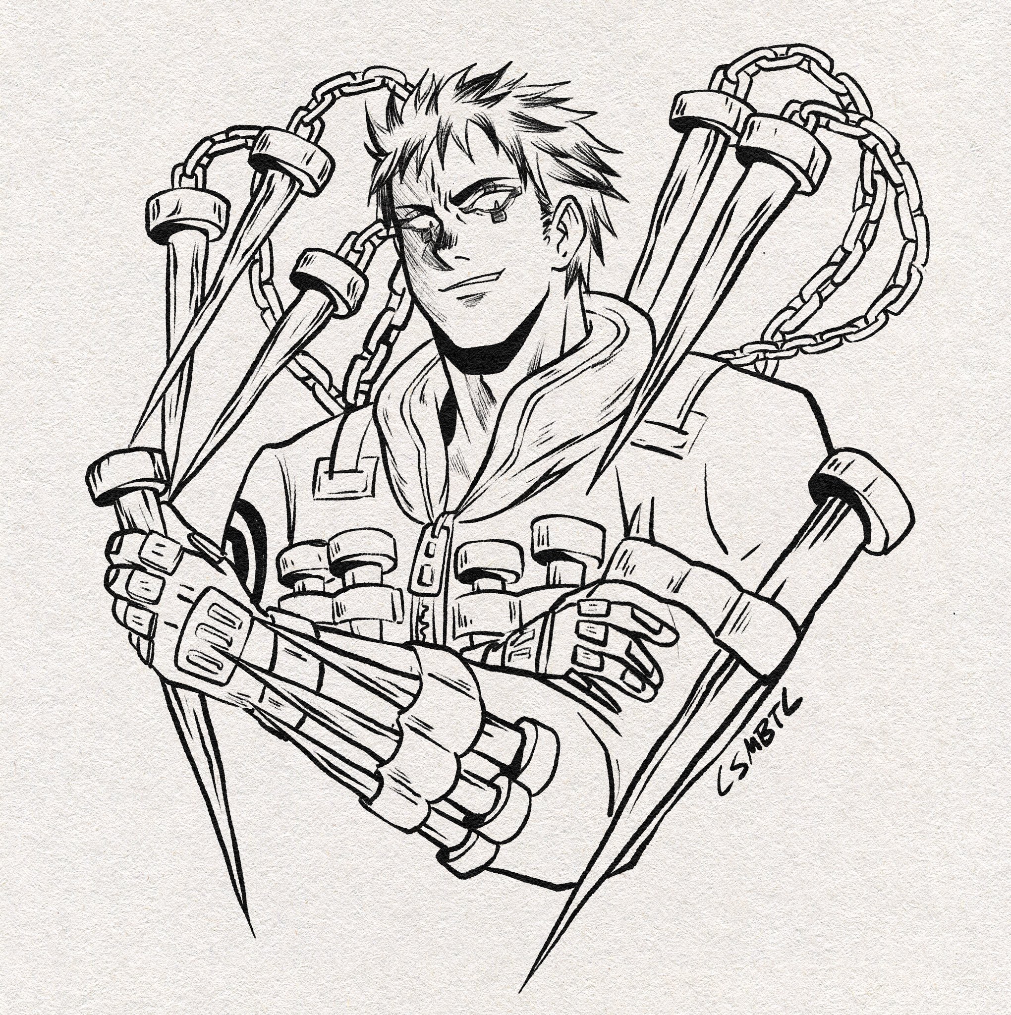 1boy chain commentary cropped_torso csmbtc dorohedoro english_commentary gloves greyscale grin highres inktober long_sleeves looking_at_viewer male_focus monochrome risu_(dorohedoro) short_hair signature simple_background smile solo stake zipper_pull_tab