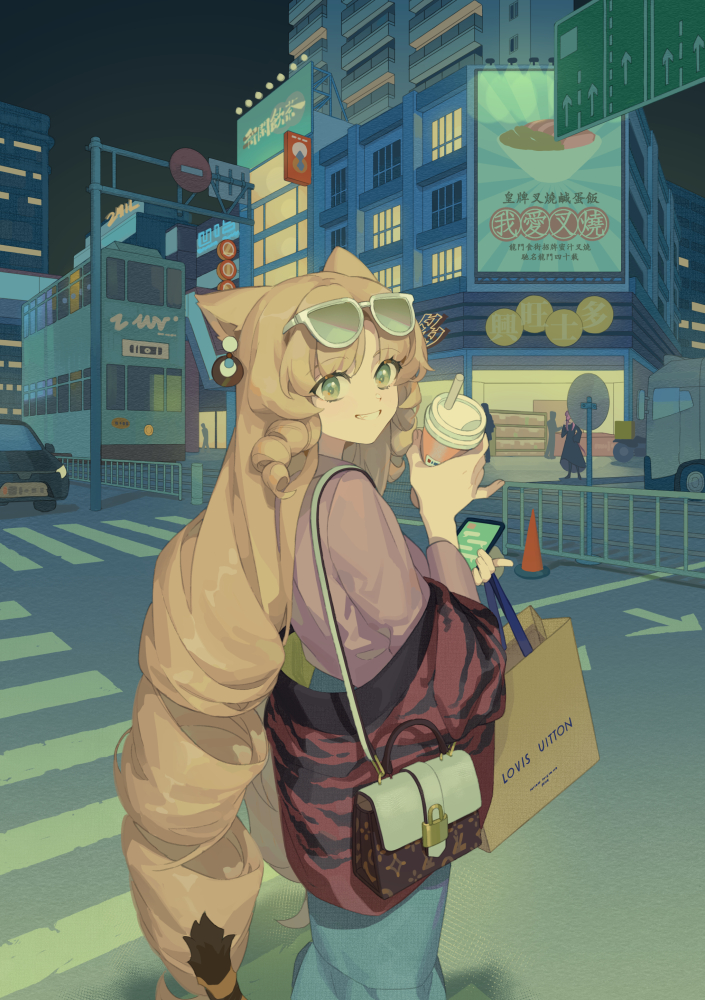 1girl alternate_costume animal_ears apartment arknights bag billboard brand_name_imitation building car cat_ears cellphone chinese_commentary chinese_text city commentary_request contemporary convenience_store crosswalk cup disposable_cup drill_hair drill_sidelocks drinking_straw earrings english_text eyewear_on_head favilia fence floating_earrings food grin handbag holding holding_phone intersection jewelry long_hair long_skirt looking_at_viewer looking_back louis_vuitton_(brand) motor_vehicle night noodles off_shoulder outdoors phone ramen road road_sign shop shopping_bag sidelocks sign skirt skyscraper smartphone smile solo street sunglasses sweater swire_(arknights) tail text_messaging tiger_stripes tiger_tail traffic_cone traffic_light translation_request truck twintails very_long_hair