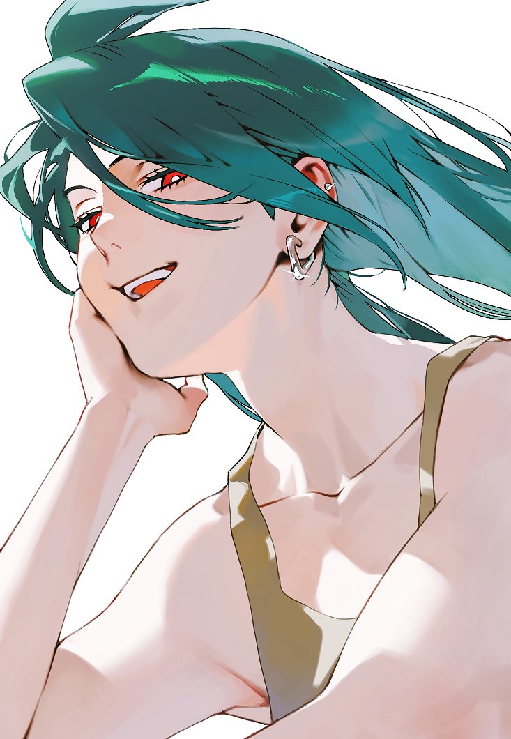1girl 987645321o alternate_costume aqua_hair bright_pupils collarbone creatures_(company) ear_piercing earrings game_freak glint green_hair hair_down hand_on_own_cheek hand_on_own_face jewelry long_hair looking_at_viewer nintendo open_mouth piercing pokemon pokemon_sv portrait red_eyes rika_(pokemon) simple_background smile solo triangle_earrings white_background white_pupils