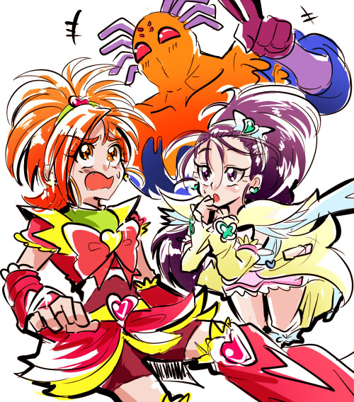 00s 1boy 2girls :o arm_warmers biho_(tsuinku) bike_shorts boots bow brooch brown_eyes brown_hair cure_bloom cure_egret dorodoron double_v earrings futari_wa_precure_splash_star half_updo heart heart_brooch high_ponytail hyuuga_saki jewelry long_hair magical_girl mishou_mai multiple_girls pink_boots ponytail precure purple_eyes purple_hair red_eyes ribbon short_hair shorts shorts_under_skirt skirt sweat v