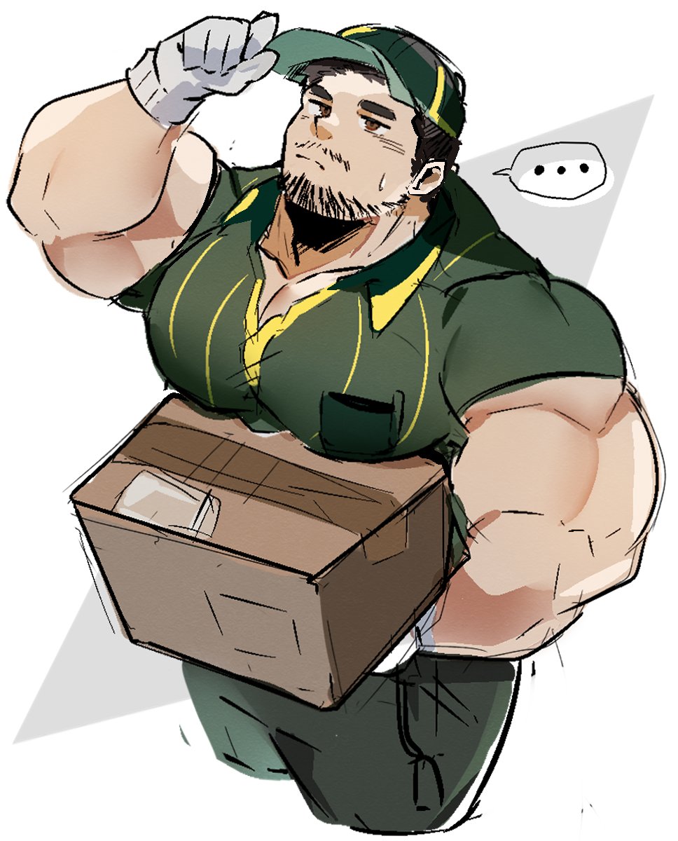 ... 1boy adjusting_clothes adjusting_headwear bara baseball_cap beard_stubble black_hair box brown_hair cardboard_box cowboy_shot cropped_legs delivery employee_uniform facial_hair from_above green_shirt hat highres huge_pectorals male_focus mature_male mikiya_(mine_miki0840) muscular muscular_male mustache_stubble original package pants pectoral_press pectorals_rest shirt short_hair solo standing striped_clothes striped_shirt stubble sweat thick_eyebrows tsurime unfinished yamato_transport
