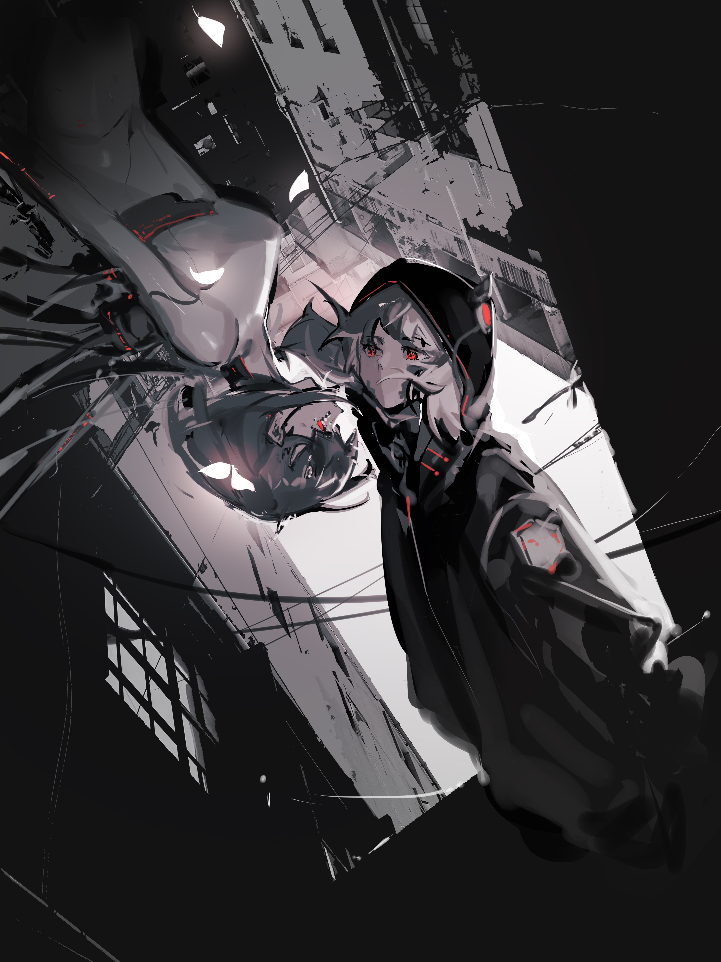 2girls absurdres alley animal_ear_hood animal_ears black_jacket black_sleeves blonde_hair blunt_bangs cable cat_ears character_request cityscape covered_mouth cowboy_shot cytus cytus_ii fake_animal_ears grey_hair greyscale hands_in_pockets highres hood hood_up hooded_jacket ivy_(cytus) jacket lobelia_(saclia) long_sleeves medium_hair monochrome multiple_girls outdoors red_eyes robot spot_color window