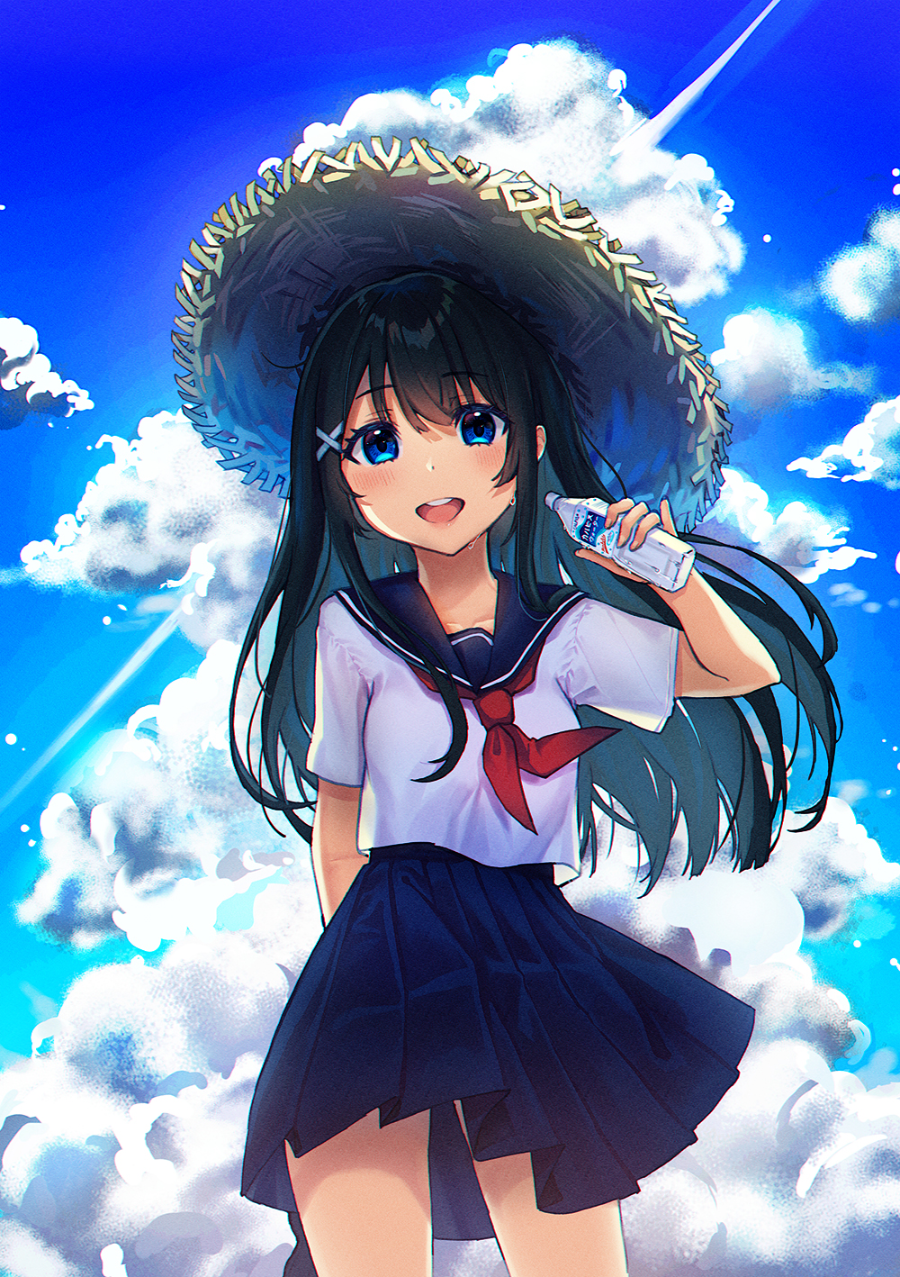 1girl black_hair blue_eyes blue_sailor_collar blue_skirt blush calpis cloud day drink female_focus hair_ornament hat highres long_hair looking_at_viewer neckerchief open_mouth pleated_skirt rangu red_neckerchief sailor_collar school_uniform serafuku shirt short_sleeves skirt smile solo straw_hat summer sweat white_shirt wind x_hair_ornament