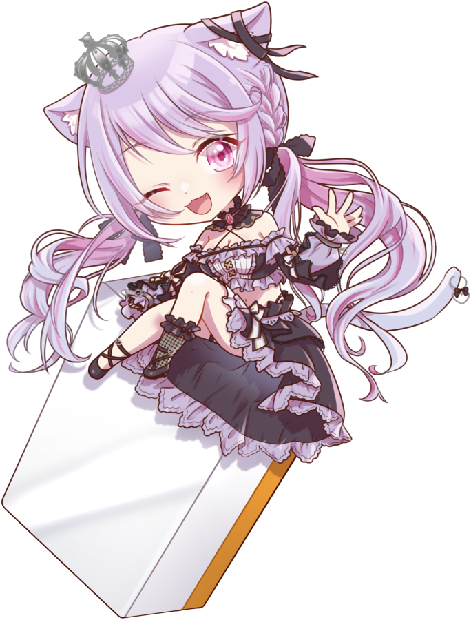 1girl :3 animal_ears black_bow black_collar black_ribbon black_shirt black_shoes black_skirt black_socks blush bow bow_skirt breasts cat_ears chibi cleavage collar commentary_request criss-cross_halter crop_top crown detached_collar ear_ribbon fang frilled_shirt frills full_body hair_bow halterneck ina_uruu leg_ribbon long_hair looking_at_viewer low_twintails mahjong mahjong_tile medium_breasts midriff mini_crown nanashi_inc. navel open_mouth pink_eyes purple_hair purple_sleeves reona_kfc02 ribbon second-party_source shirt shoes simple_background sitting skirt smile socks solo transparent_background twintails virtual_youtuber waving