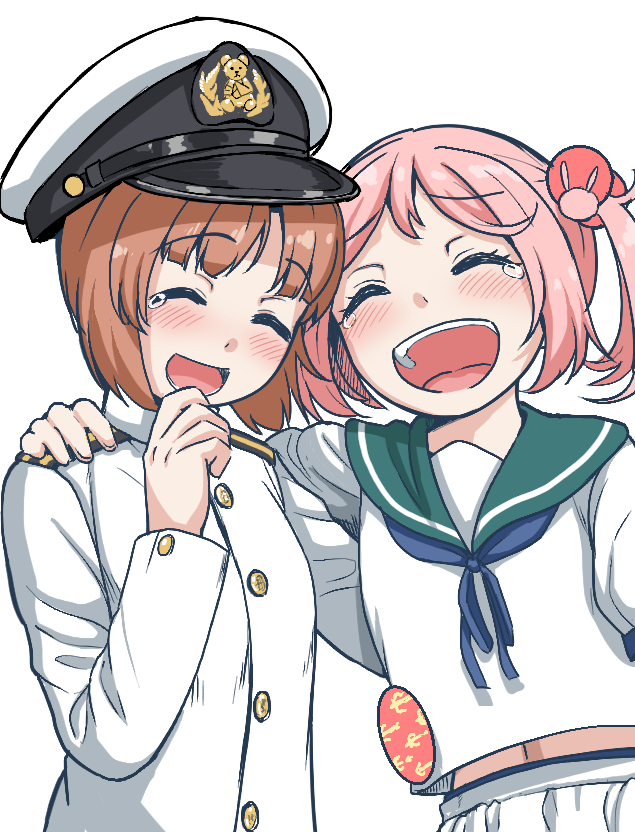 2girls admiral_(kancolle) admiral_(kancolle)_(cosplay) arm_around_back arm_around_shoulder blouse blue_neckerchief brown_hair closed_eyes commentary_request cosplay crossover girls_und_panzer green_sailor_collar hand_on_another&#039;s_shoulder hat jacket kantai_collection laughing long_sleeves midriff_peek military_hat military_uniform mimofu_(fullhighkick) multiple_girls navel neckerchief nishizumi_miho open_mouth peaked_cap pink_hair sailor_collar sazanami_(kancolle) shirt short_hair smile tearing_up twintails white_headwear white_jacket white_shirt