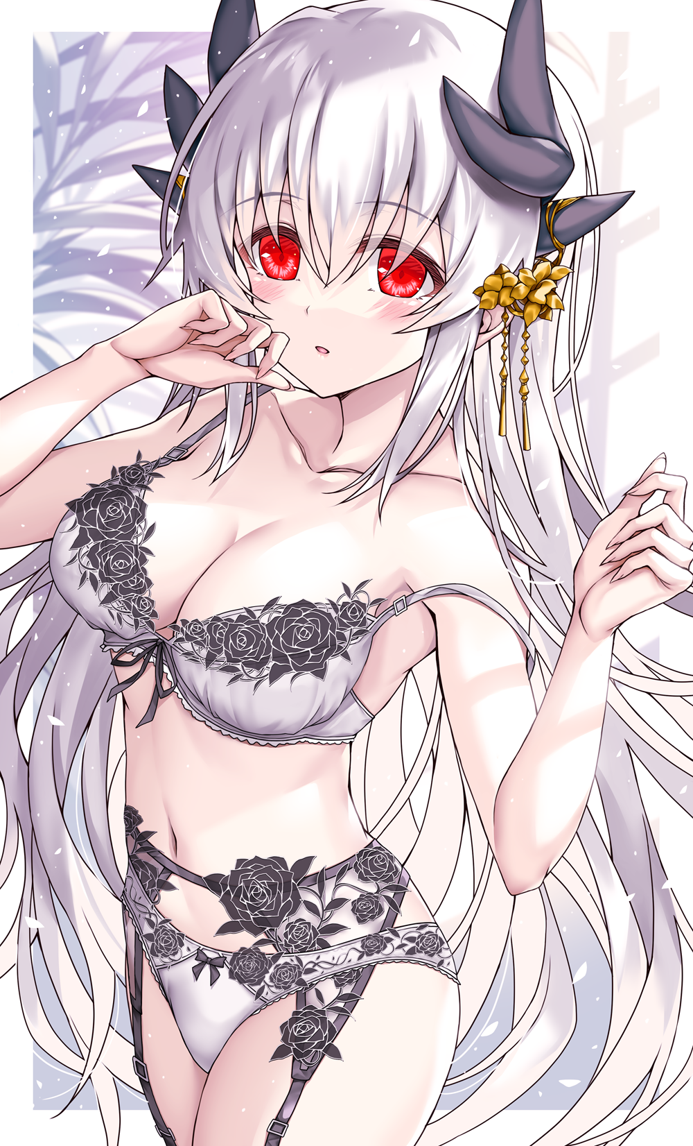 1girl blush bra breasts cleavage collarbone dragon_girl dragon_horns fate/grand_order fate_(series) garter_belt garter_straps hands_up highres horns kiyohime_(fate) kiyohime_(third_ascension)_(fate) large_breasts long_hair looking_at_viewer morizono_shiki navel panties parted_lips red_eyes solo underwear white_background white_bra white_hair white_panties