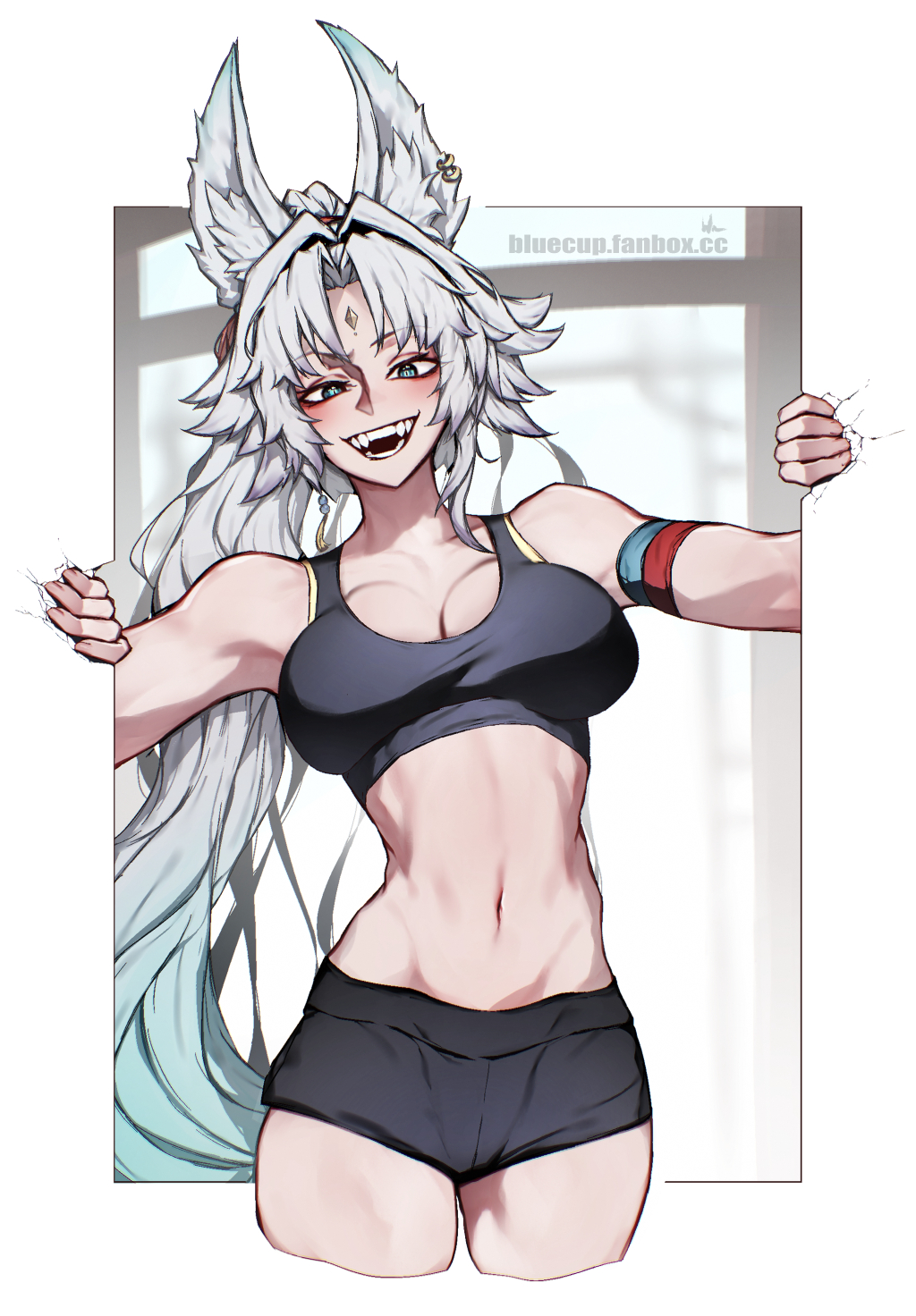 1girl :d animal_ears aqua_eyes aqua_hair bare_shoulders bluecup blush breasts cleavage feixiao_(honkai:_star_rail) forehead_jewel fox_ears gradient_hair highres honkai:_star_rail honkai_(series) long_hair multicolored_hair navel open_mouth shorts smile solo sports_bra teeth white_hair