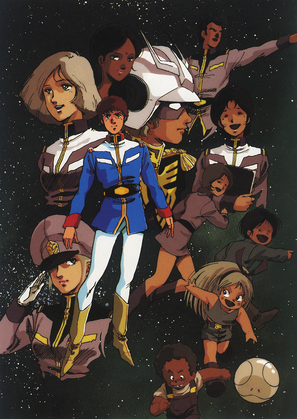 1980s_(style) 4boys 6+girls amuro_ray belt bindi black_hair blonde_hair boots bright_noa char_aznable child dark_skin earth_federation eye_mask fraw_bow gundam hair_ribbon haro hat helmet highres katz_howan kikka_kitamoto lalah_sune letz_cofan looking_at_viewer matilda_ajan mikimoto_haruhiko military military_uniform mirai_yashima mobile_suit_gundam multiple_boys multiple_girls oldschool open_mouth pointing pointing_forward promotional_art red_hair retro_artstyle ribbon robot salute sayla_mass scan science_fiction serious smile space star_(symbol) star_symbol_background traditional_media zeon