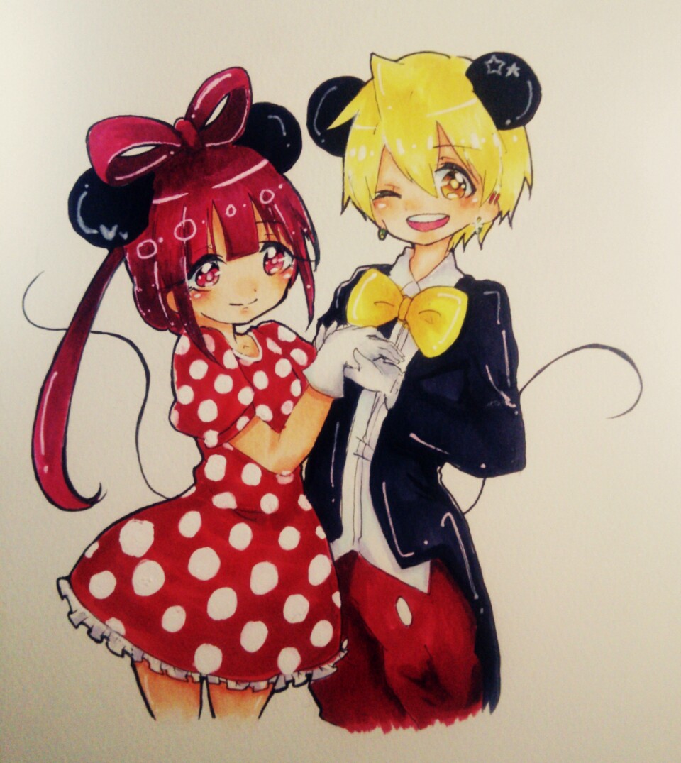 1boy 1girl :d ;) alibaba_saluja animal_ears blonde_hair bow bowtie commentary_request cosplay cowboy_shot disney dress earrings gloves gold_earrings hair_between_eyes hair_bow holding_hands jewelry lala_(lalalala0901) long_hair looking_at_viewer magi_the_labyrinth_of_magic mickey_mouse mickey_mouse_&amp;_friends mickey_mouse_(cosplay) minnie_mouse minnie_mouse_(cosplay) mouse_boy mouse_ears mouse_girl mouse_tail one_eye_closed open_mouth pants polka_dot polka_dot_dress red_bow red_dress red_eyes red_hair red_pants ren_kougyoku short_hair sidelocks smile tail teeth traditional_media tuxedo upper_teeth_only white_gloves yellow_bow yellow_bowtie yellow_eyes