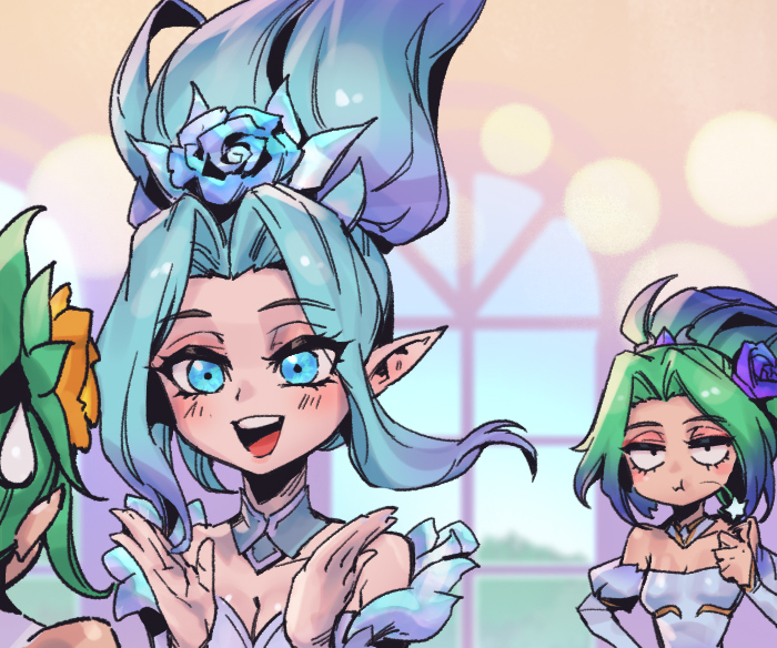 3girls :d akali bare_shoulders breasts cleavage collarbone crystal_rose_akali crystal_rose_janna crystal_rose_riven detached_sleeves flower green_eyes green_flower green_hair hair_flower hair_ornament janna_(league_of_legends) juliet_sleeves large_breasts league_of_legends long_hair long_sleeves looking_at_another multiple_girls open_mouth orange_flower parted_hair phantom_ix_row pointy_ears portrait pout puffy_sleeves purple_flower riven_(league_of_legends) smile star_(symbol) teeth upper_teeth_only window