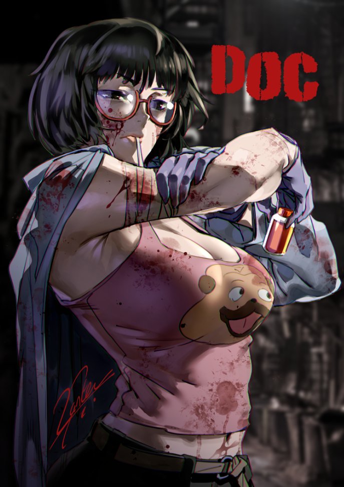 1girl armpits back_4_blood bandaged_arm bandages belt black_hair blood blood_on_clothes blood_on_face blurry blurry_background bottle breasts cleavage doc_(back_4_blood) doctor glasses gloves holding holding_bottle in_mouth jacket jacket_on_shoulders large_breasts midriff navel pill_bottle pink_tank_top purple_gloves red-framed_eyewear semi-rimless_eyewear short_hair solo stained_clothes tank_top zunta