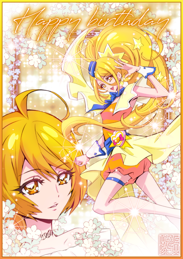 1girl artist_logo blonde_hair blue_hat blue_scarf capelet cure_etoile dress earrings full_body garrison_cap gradient_background hair_ornament happy_birthday hat heart_pouch hugtto!_precure jewelry kagayaki_homare kamikita_futago logo long_hair looking_at_viewer magical_girl mini_hat open_mouth orange_dress orange_footwear ponytail precure scarf short_hair smile star_(symbol) star_earrings star_hair_ornament upper_body very_long_hair wrist_cuffs yellow_background yellow_capelet yellow_eyes