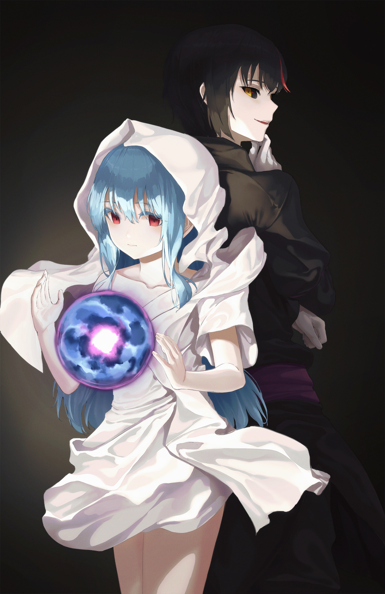 1boy 1other androgynous black_hair black_sclera black_suit blue_hair colored_sclera demon demon_boy diablo_(tensura) formal_clothes gloves highres hood long_hair looking_at_viewer magic raphael_(tensei_shitara_slime_datta_ken) red_eyes rimuru_tempest robe short_hair slime suit tensei_shitara_slime_datta_ken thighs white_robe wolf_a yellow_eyes