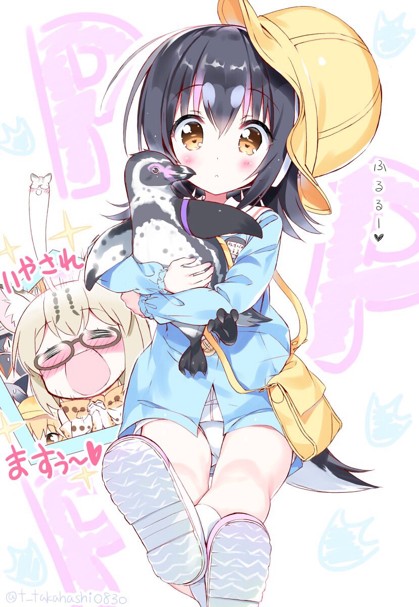 5girls animal_ears bag bird black_hair blue_shirt blush brown_eyes brown_hair cat_ears commentary_request closed_eyes ezo_red_fox_(kemono_friends) fox_ears giving_up_the_ghost glasses gloves grape-kun hat highres hug humboldt_penguin humboldt_penguin_(kemono_friends) kaban_(kemono_friends) kemono_friends legs crossed_legs leotard leotard_under_clothes margay_(kemono_friends) multiple_girls no_pants open_mouth own_hands_together penguin penguin_tail shirt shoes short_hair silver_fox_(kemono_friends) silver_hair smile socks soles tail takahashi_tetsuya translation_request white_footwear white_leotard yellow_headwear