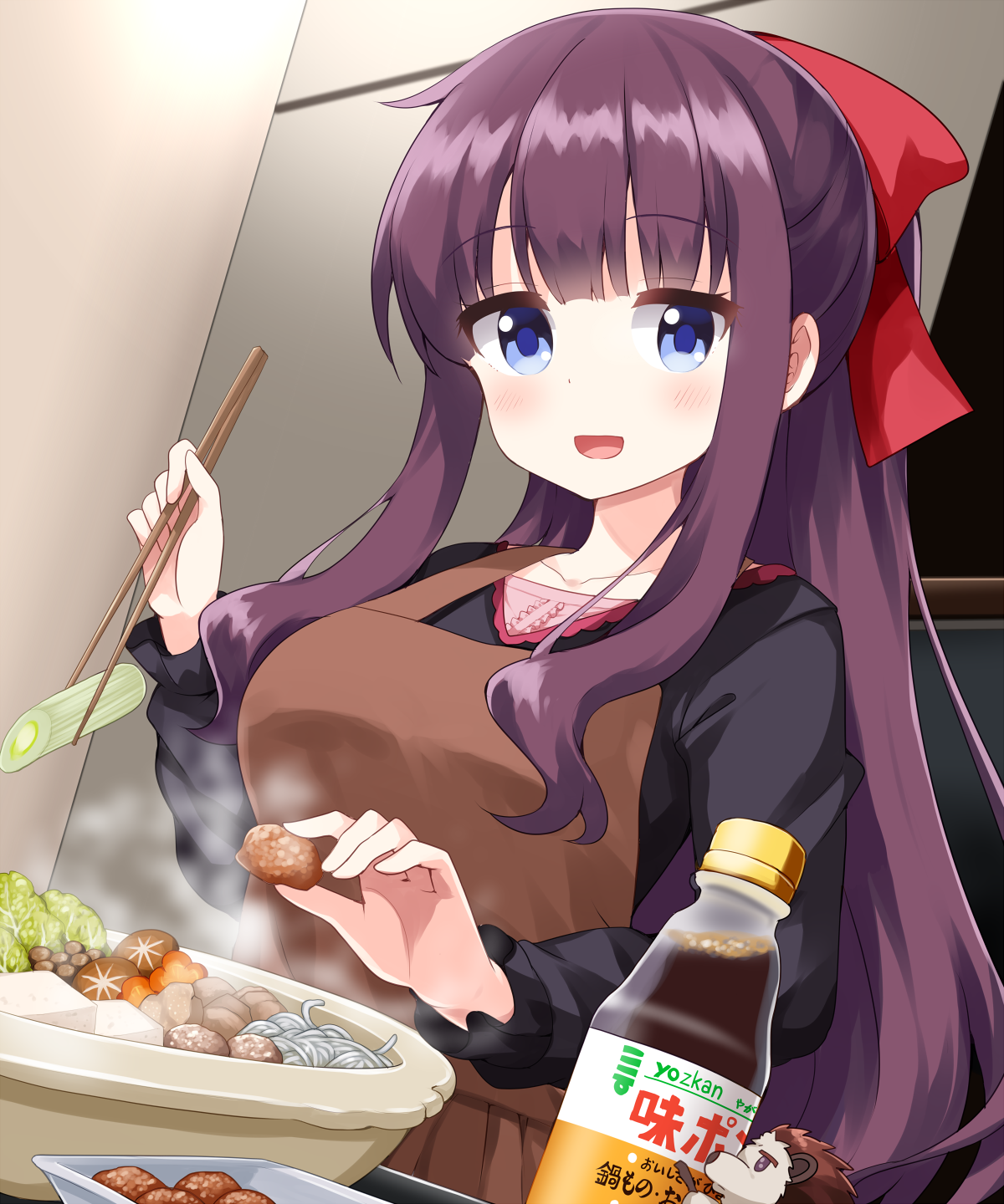 1girl :d apron blue_eyes blush breasts brown_apron chopsticks collarbone commentary_request food food_request hair_ribbon hedgehog highres holding holding_chopsticks holding_food large_breasts long_hair long_sleeves looking_at_viewer new_game! open_mouth plate purple_hair red_ribbon ribbon ruu_(tksymkw) sidelocks smile solo soujirou_(new_game!) soy_sauce soy_sauce_bottle takimoto_hifumi