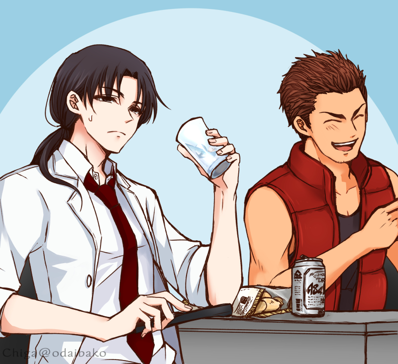 2boys bare_shoulders beer_can black_hair can chi119 closed_eyes coat cup drink_can drinking_glass kaga_tsuyoshi kaii_shoukougun kirisaki_shouta lab_coat male_focus medium_hair multiple_boys necktie official_art ponytail red_vest short_hair sitting smile tan vest white_coat
