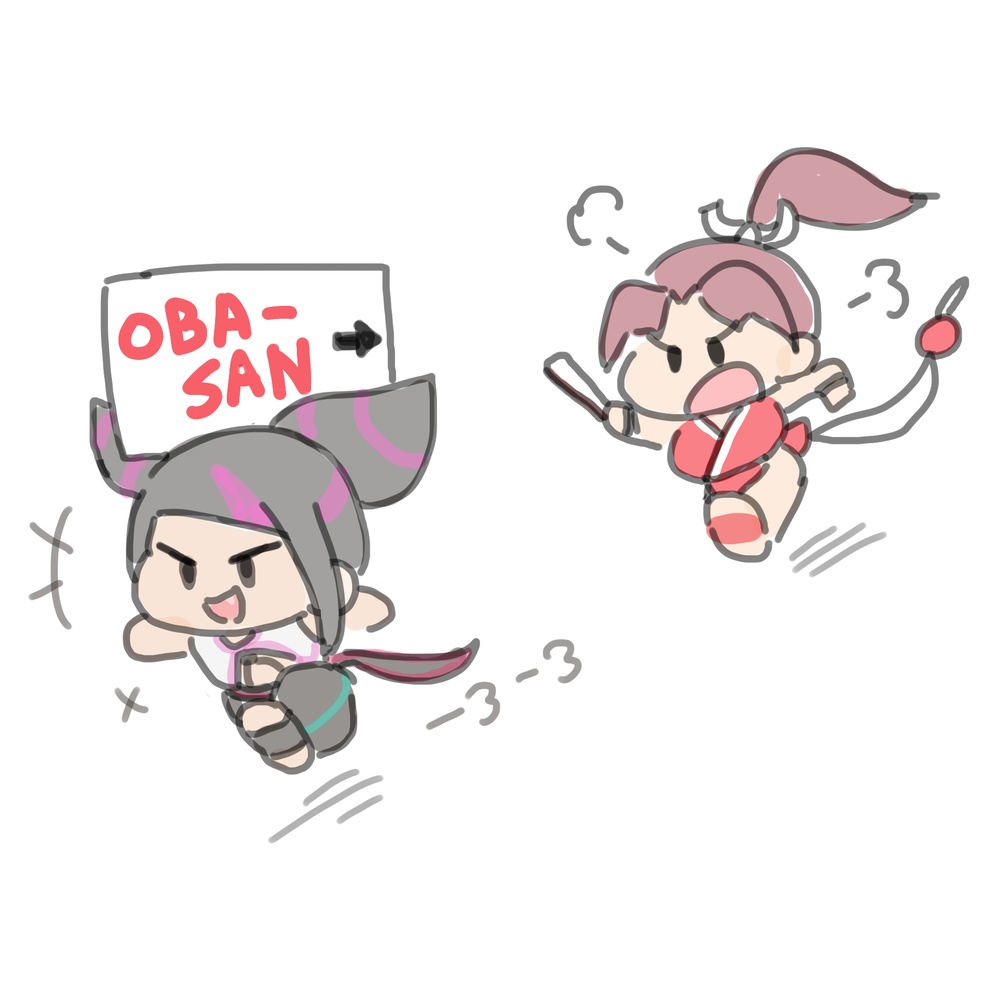 angry black_hair brown_hair chibi fatal_fury folded_fan folding_fan han_juri hand_fan japanese_clothes kimono lineni open_mouth ponytail prank red_kimono running shiranui_mai shirt smile street_fighter the_king_of_fighters white_background white_shirt