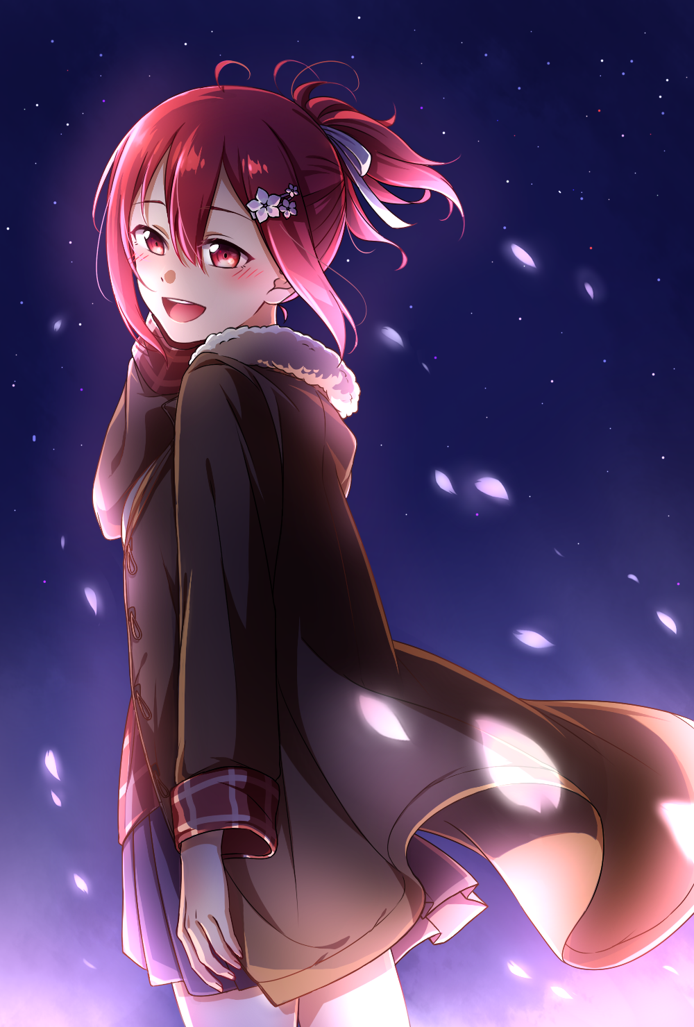 1girl :d black_coat blue_skirt blush coat eda_udon flower from_side fur-trimmed_coat fur_trim hair_between_eyes hair_flower hair_ornament hair_ribbon highres long_sleeves miniskirt open_clothes open_coat open_mouth pleated_skirt ponytail red_eyes red_hair ribbon short_hair short_ponytail skirt smile solo standing white_flower white_ribbon yuuki_yuuna yuuki_yuuna_wa_yuusha_de_aru yuusha_de_aru