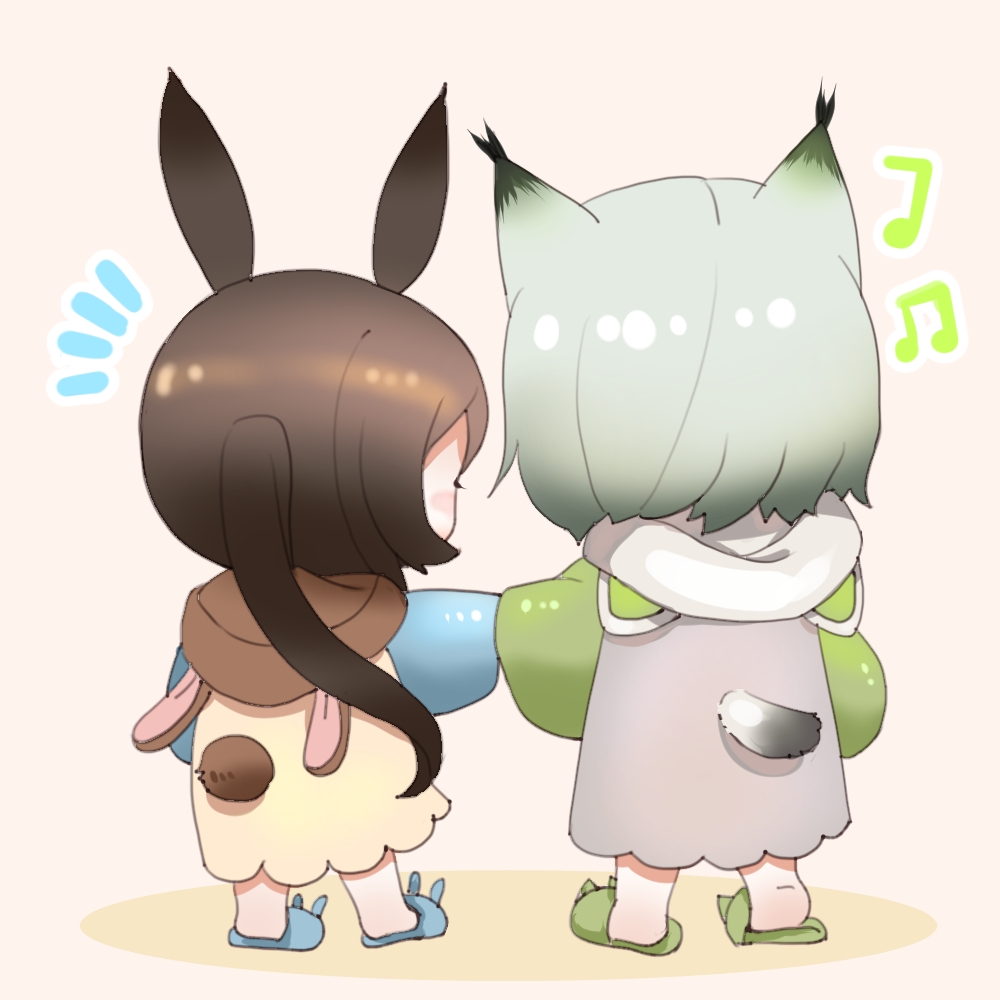 2girls amiya_(arknights) animal_ears arknights blue_footwear blue_sweater brown_hair cat_ears cat_girl cat_tail chibi clothing_cutout emphasis_lines facing_away from_behind full_body green_footwear green_sweater grey_sweater hairtail holding_hands hood hood_down kal&#039;tsit_(arknights) multiple_girls musical_note pajamas ponytail rabbit_ears rabbit_girl rabbit_tail slippers standing sweater tail tail_through_clothes two-tone_sweater yellow_sweater
