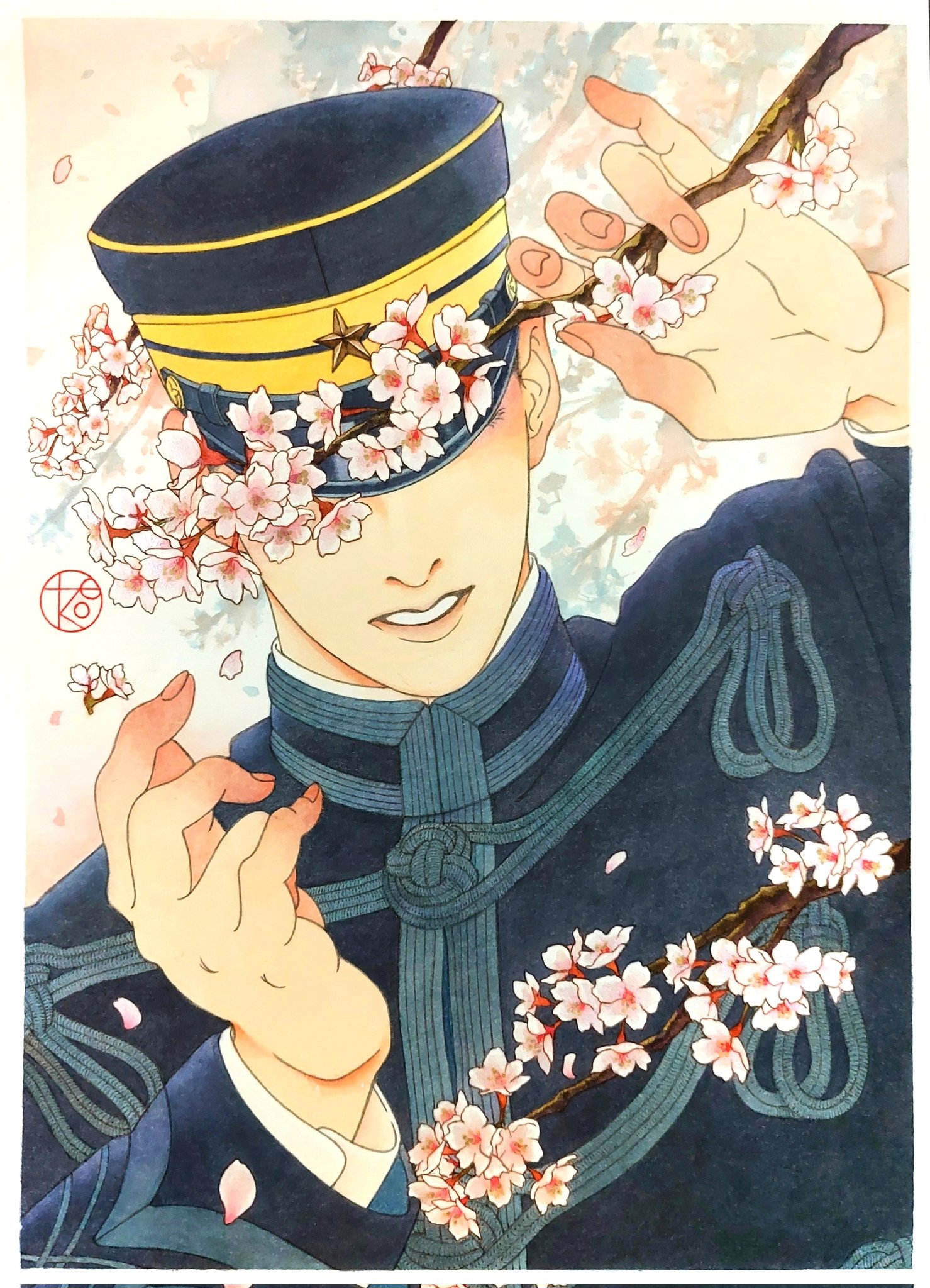 1boy cherry_blossoms day golden_kamuy hanazawa_yusaku hand_up hat highres kepi male_focus military military_hat military_uniform outdoors parted_lips petals solo teko_kijibato upper_body