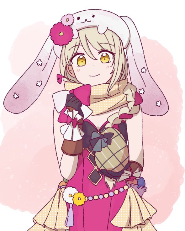 1girl animal_hat blonde_hair braid braided_ponytail expressive_clothes fire_emblem fire_emblem_engage fire_emblem_heroes framme_(fire_emblem) framme_(spring)_(fire_emblem) fukui hair_over_shoulder hat nintendo official_alternate_costume pelvic_curtain rabbit_hat scarf solo yellow_eyes yellow_scarf
