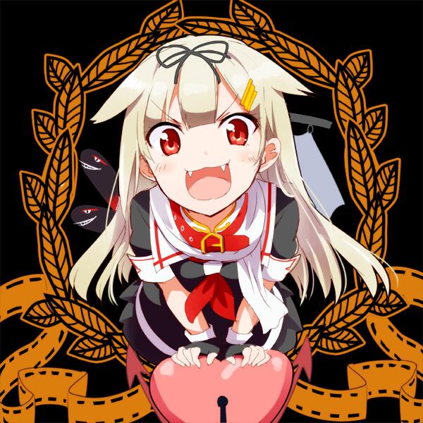 &gt;:d 10s 1girl :d bad_id bad_twitter_id black_background black_gloves black_ribbon black_serafuku black_shirt black_skirt blonde_hair blouse blush collar collared_shirt fangs female_focus film_strip fingerless_gloves gloves gotyou hair_flaps hair_ornament hair_ribbon hairclip hand_rest heart heart_lock_(kantai_collection) kantai_collection laurels leaning_forward lock logo_parody long_hair looking_at_viewer metro-goldwyn-mayer neckerchief open_mouth pleated_skirt red_collar red_eyes red_neckerchief ribbon sailor_collar scarf school_uniform serafuku shirt short_sleeves skirt smile solo straight_hair torpedo v-shaped_eyebrows white_scarf yuudachi_(kancolle) yuudachi_kai_ni_(kancolle)