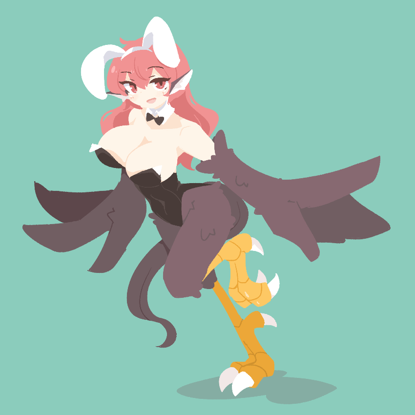 1girl animal_ears bare_shoulders big_o_pants bird_ears bird_legs bird_tail black_bow black_feathers black_leotard black_wings blush bow breasts cleavage commentary_request detached_collar fake_animal_ears feather_fingers feathers fio-chan_(big_o_pants) green_background harpy highleg highleg_leotard large_breasts leotard long_hair looking_at_viewer monster_girl open_mouth original rabbit_ears red_eyes red_hair simple_background solo standing standing_on_one_leg tail talons winged_arms wings