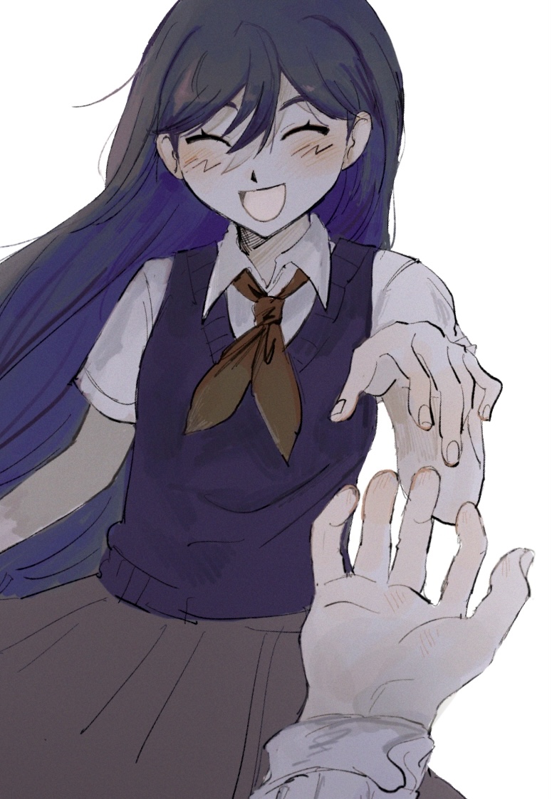 1girl :d ^_^ arm_at_side blush brown_skirt closed_eyes collared_shirt commentary_request double-parted_bangs fingernails hair_behind_ear hair_between_eyes hand_up hero_(headspace)_(omori) hero_(omori) long_hair long_sleeves mari_(headspace)_(omori) mari_(omori) neckerchief omori open_mouth pleated_skirt pov pov_hands purple_hair purple_sweater_vest red_neckerchief sema_(vivaviva_02) shirt short_sleeves simple_background skirt smile solo_focus sweater_vest white_background white_shirt