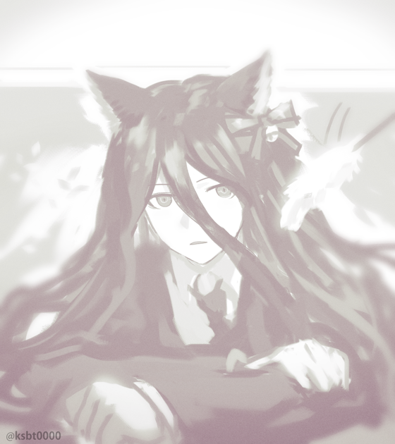 1boy animal_ears bell cat_ears cat_teaser collared_shirt crossed_arms danganronpa_2:_goodbye_despair grey_background greyscale hair_bell hair_between_eyes hair_ornament hajime_(gitoriokawaii) jacket kamukura_izuru long_hair long_sleeves looking_at_viewer male_focus monochrome necktie shirt solo twitter_username upper_body
