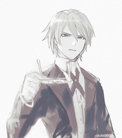 1boy collared_shirt danganronpa:_trigger_happy_havoc danganronpa_(series) formal_clothes hair_between_eyes hajime_(gitoriokawaii) holding holding_removed_eyewear jacket long_sleeves looking_at_viewer male_focus monochrome necktie shirt short_hair simple_background solo togami_byakuya twitter_username unworn_eyewear upper_body