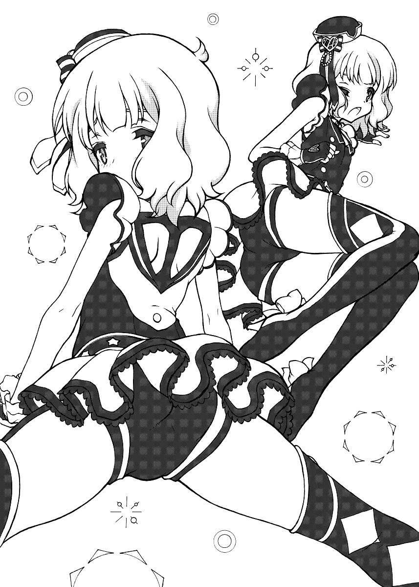 1girl ahoge arm_support ass blush boots buttons clenched_hand commentary_request fingerless_gloves flat_chest frilled_gloves frills from_behind gloves half-closed_eyes hat high_heel_boots high_heels highres idolmaster idolmaster_million_live! kouno_tooru_(stoneandrose123) looking_at_viewer medium_hair mini_hat multiple_views on_floor one_eye_closed open_mouth scapular shirt short_shorts shorts sidelocks sleeveless sleeveless_shirt spread_legs suou_momoko thigh_boots thighs top!_clover wavy_hair white_background