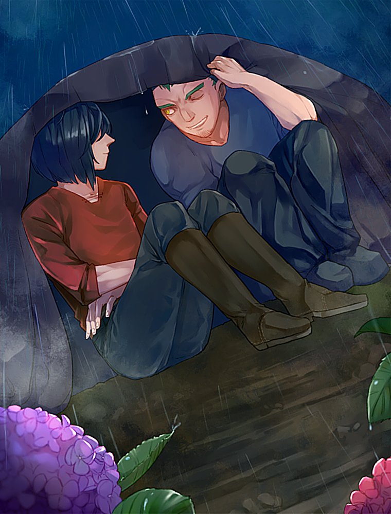 2boys beard boots brothers cape facial_hair flower gannen_harst green_hair hydrangea male_focus multiple_boys one_eye_closed short_hair siblings sitting smile the_saga_of_darren_shan vancha_march yellow_eyes aged_down