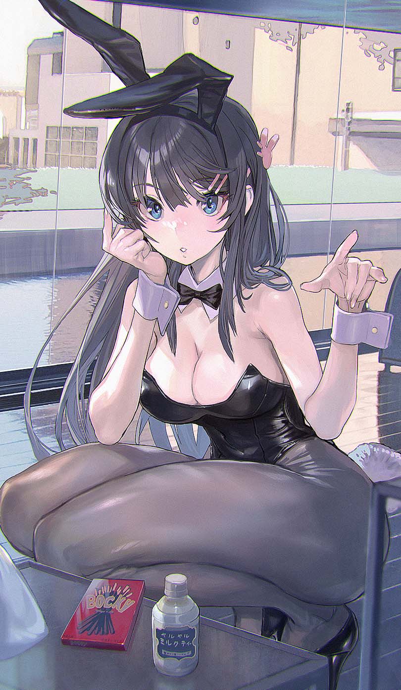 1girl animal_ears black_bow black_bowtie black_hair black_leotard black_pantyhose blue_eyes blush bottle bow bowtie breasts cleavage collar detached_collar fake_animal_ears food hair_ornament hairclip highres large_breasts leotard long_hair looking_at_viewer maeshima_shigeki pantyhose playboy_bunny pocky rabbit_ears rabbit_hair_ornament rabbit_tail sakurajima_mai seishun_buta_yarou solo strapless strapless_leotard tail water_bottle white_collar wrist_cuffs