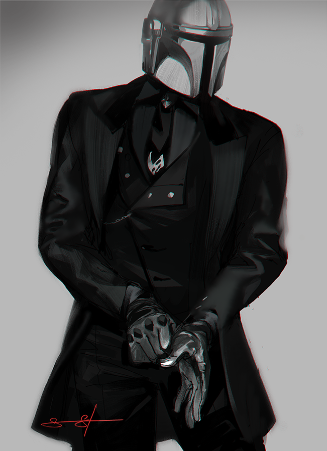 1boy collared_shirt commentary din_djarin english_commentary formal_clothes glove_pull grey_background greyscale helmet leaning_to_the_side looking_to_the_side male_focus mandalorian monochrome necktie sarah_stone shirt signature solo star_wars suit the_mandalorian vest