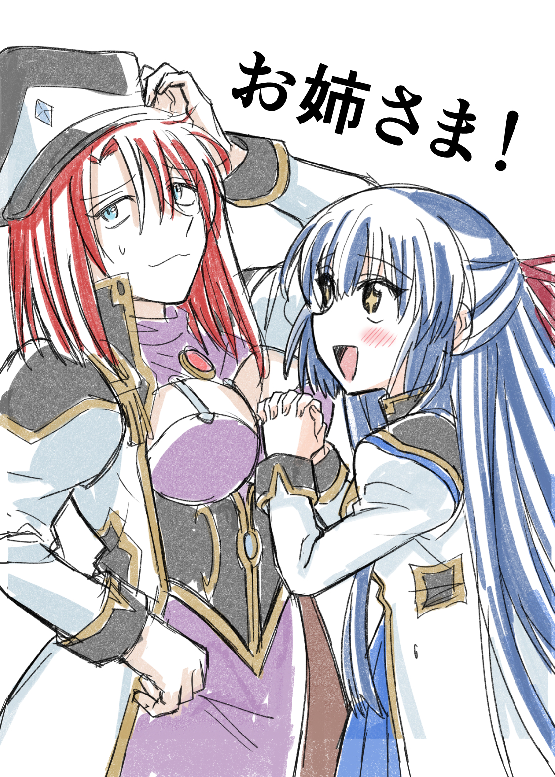 1girl 2girls :d angel_wing_uniform animal_ears blue_dress blue_eyes blue_hair blush breasts cleavage cowboy_shot dress forte_stollen galaxy_angel hair_between_eyes hat highres karasuma_chitose kitaru large_breasts long_hair long_sleeves looking_at_viewer monocle monocle_chain multiple_girls open_mouth peaked_cap purple_dress red_hair short_hair smile solo sweatdrop
