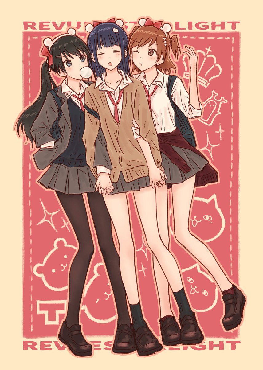 3girls :o aijou_karen animal_background animal_ear_hairband animal_ears ankle_socks arm_up backpack bag bear_ears black_hair black_pantyhose black_socks black_vest blazer blowing_bubble_gum blue_eyes blunt_bangs border bow brown_border brown_cardigan brown_eyes brown_hair brown_shoes brown_sweater bullfalk cardigan cat cat_hair_ornament chewing_gum closed_eyes clothes_around_waist collarbone collared_shirt commentary_request crab crown facing_viewer fake_animal_ears full_body grey_jacket grey_skirt hair_bow hair_ornament hairband hand_in_pocket heart heart_hair_ornament highres holding_hands interlocked_fingers invisible_floor jacket kagura_hikari lapels light_blush loafers locked_arms long_hair long_sleeves looking_at_another miniskirt multiple_girls necktie notched_lapels one_eye_closed open_clothes open_jacket open_mouth outline outside_border pantyhose parted_lips pink_outline pleated_skirt red_background red_bow red_necktie shirt shoes short_hair shoujo_kageki_revue_starlight side-by-side side_ponytail sidelocks skirt socks sparkle sparkle_background standing stuffed_animal stuffed_toy sweater sweater_around_waist teddy_bear three-quarter_sleeves tsuyuzaki_mahiru two_side_up vest white_shirt