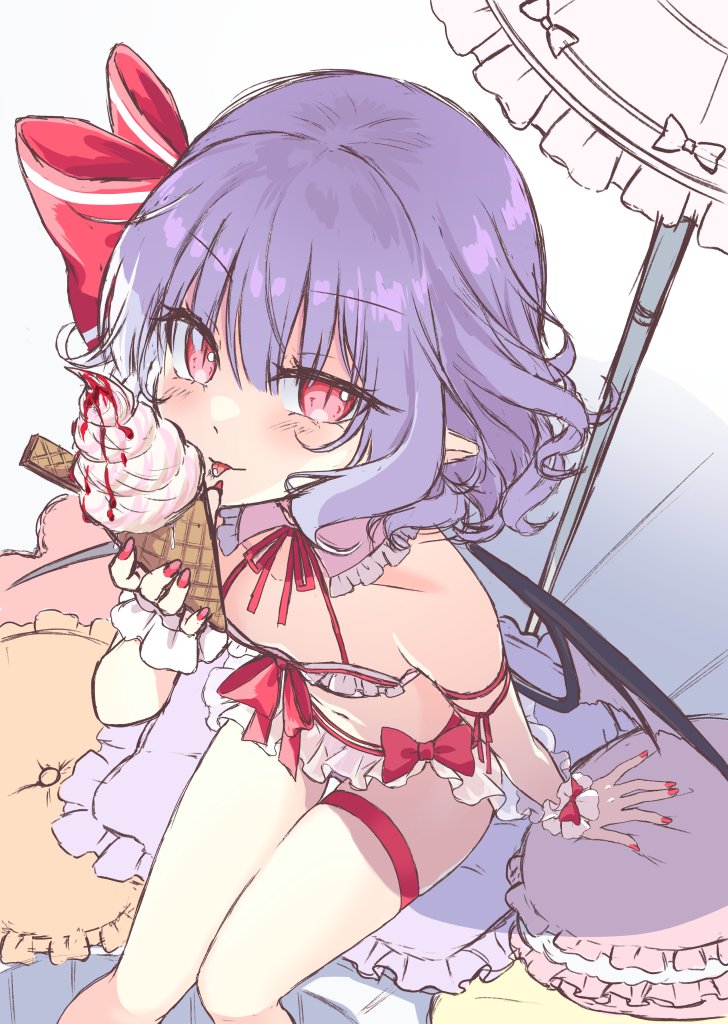 1girl alternate_costume arm_support beni_kurage bikini bow collarbone commentary_request cushion flat_chest foreshortening frilled_bikini frills hair_bow holding holding_ice_cream_cone ice_cream_cone licking looking_at_viewer navel pink_bikini pointy_ears purple_hair red_bow red_eyes red_nails remilia_scarlet short_hair sitting slit_pupils solo swimsuit thigh_strap tongue tongue_out touhou unfinished wrist_cuffs