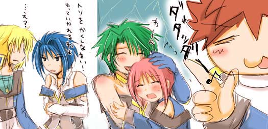 :3 aya_kobayashi banpresto bare_shoulders blonde_hair blue_hair blush brown_hair comforting dog_tags green_hair hand_on_head hug mai_kobayashi pink_hair raidese_f_branstein ryuusei_date siblings sisters super_robot_wars super_robot_wars_original_generation tears translation_request viletta_badam viletta_vadim